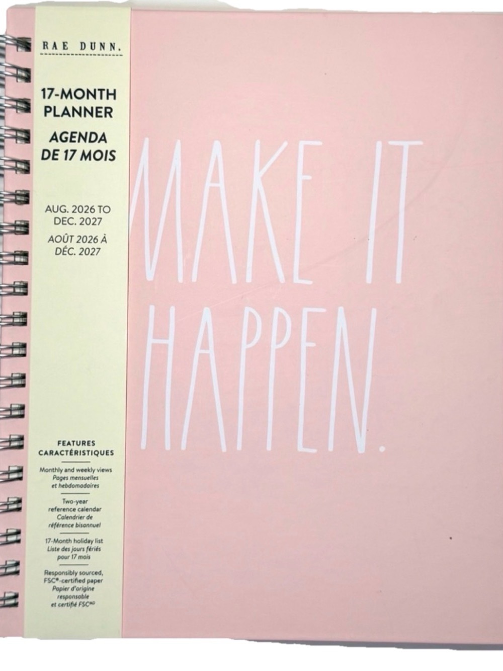 Rae Dunn 2027 PLANNER Make It Happen Spiral 17 months Planner Pink 10x8”